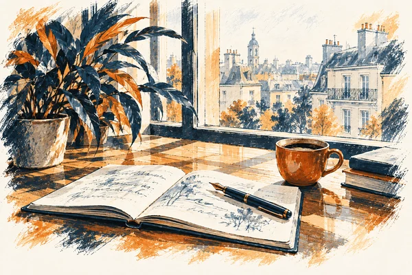 Notizbuch und orange Tasse an einem hellen Arbeitsplatz.