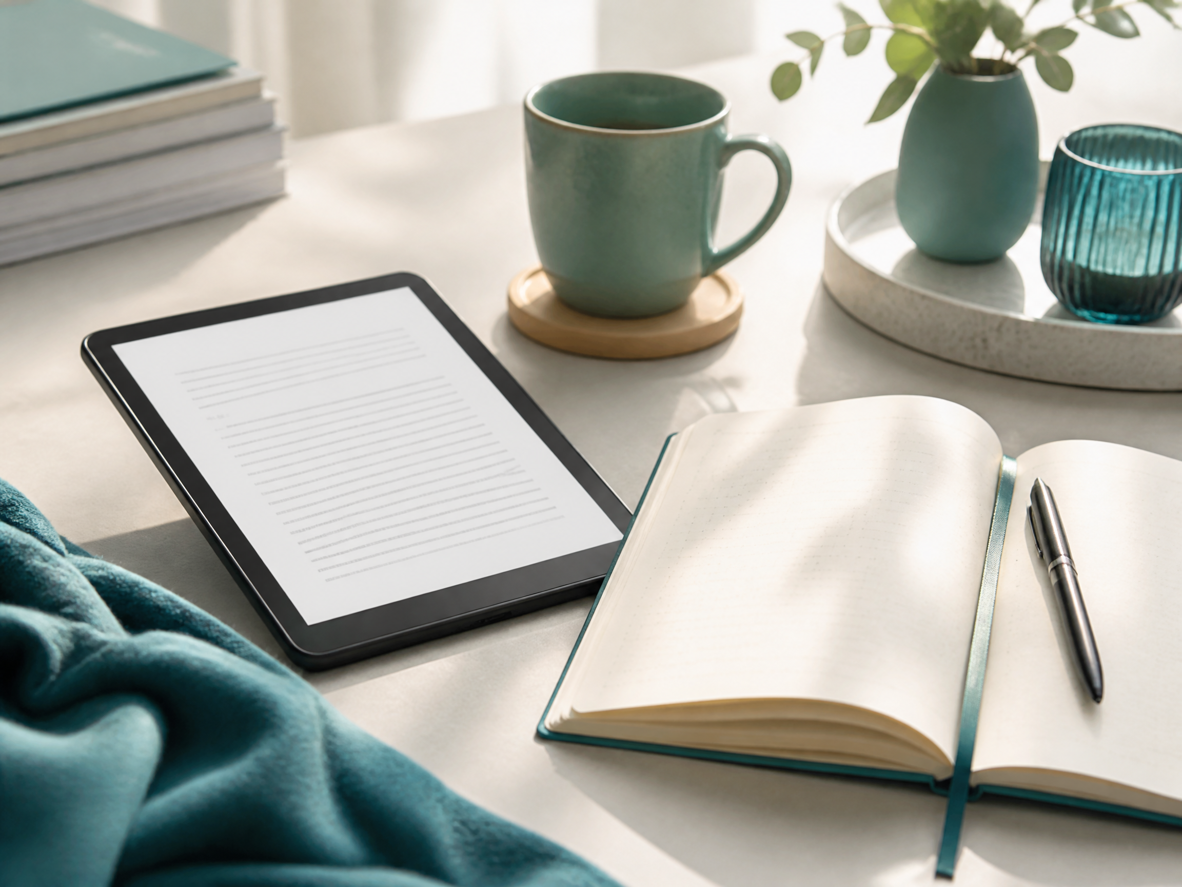 E-Reader mit E-Book auf hellem Tisch